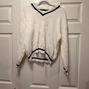 White and Black V-Neck Women's Sweater